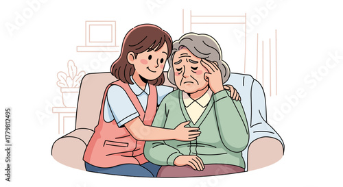 Compassionate caregiver offers comfort and support to an elderly woman experiencing distress, possibly due to dementia or memory loss, highlighting the importance of human connection and care in