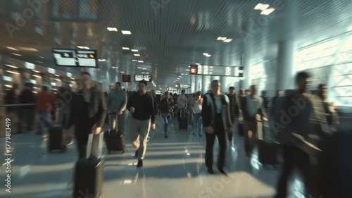 Cinematic Camera Walk-Through of a Busy Airport Terminal, Capturing Travelers, Luggage, Boarding Gates, and Dynamic Crowds, Showcasing the Modern, Bustling Atmosphere of Air Travel