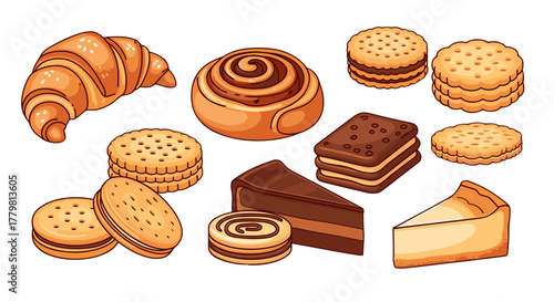 A delightful vector illustration showcasing a vibrant collection of sweet pastries, including golden croissants, swirled cinnamon buns, layered biscuits, rich chocolate cake slices, and creamy