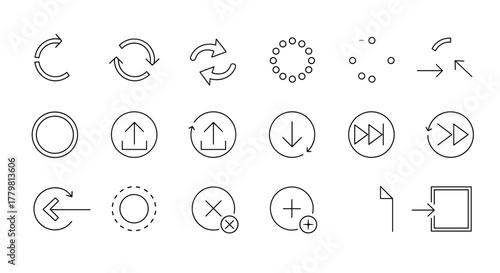 Collection of outline arrow and circular motion icons, including refresh, reload, back, forward, and directional symbols, perfect for web design, app interfaces, and graphic elements, presented as a