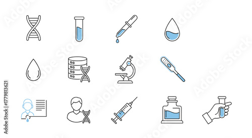 Collection of thin line icons representing scientific research and medical procedures, including DNA strands, test tubes, droppers, microscopes, syringes, and medical personnel, suitable for web
