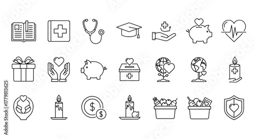 Collection of Charity and Gift Related Line Icons: Education, Healthcare, and Donation Symbols. Stone Outline Signs for Graphic and Web Design, Apps, Advertisements, and Various Cards. Includes