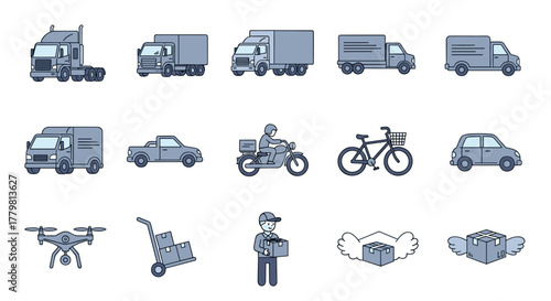 Collection of thin line icons representing various delivery vehicles and services, including trucks, vans, cars, motorcycles, bicycles, drones, hand trucks, and winged packages, perfect for web