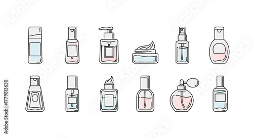 Collection of cosmetic bottles and containers, including spray bottles, lotion dispensers, jars of cream, and perfume bottles, presented in a clean, modern vector cartoon style with pastel accents on