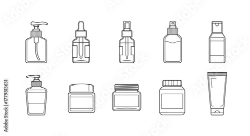 Collection of outline cosmetic bottles and jars, including pump dispensers, droppers, spray bottles, and tubes, presented in a clean, linear vector illustration style on a white background, perfect