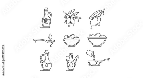 Set of line art icons representing olive oil production and usage, featuring dripping olives on branches, bottles of oil, bowls of olives, a spoon with oil, and oil being poured into a pan, all on a