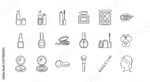 Collection of line art icons representing various cosmetic and beauty products, including lipsticks, nail polish, mascara, perfume, eyeshadow palettes, compact powders, makeup brushes, and a stylized