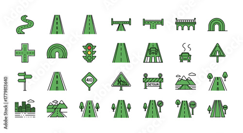Collection of green road icons with filled color outline, featuring minimalistic linear pictograms for web and graphic design, apps, banners, social networks, and cards, including traffic lights