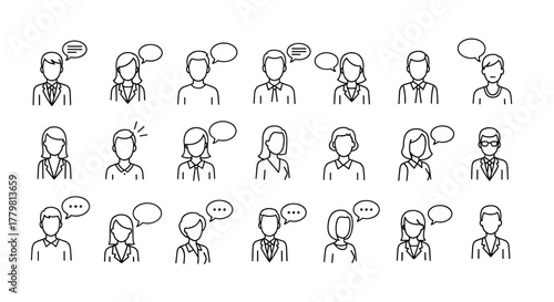 Faceless people talking, minimalistic linear signs, vector cartoon illustration set. A collection of diverse individuals, both male and female, engaged in communication, depicted with speech bubbles