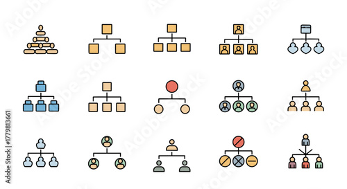 Collection of 15 minimalistic, colorful, and flat hierarchy icons, including organizational charts, team structures, and decision trees, presented on a black background, perfect for web, app, and