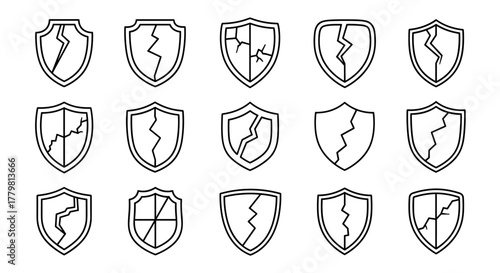 Set of 15 cracked shield outlines in various styles, presented as a vector cartoon illustration on a clean white background, perfect for graphic design concepts, app icons, and digital art projects