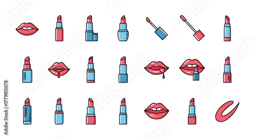 Collection of flat design lipstick and lip icons, symbolizing beauty, makeup, and fashion. This vector set includes various lipstick tubes, lip gloss applicators, and stylized lips with dripping