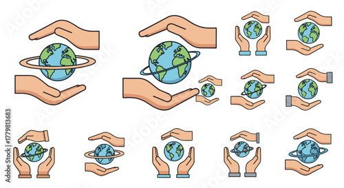 Collection of diverse flat design icons depicting hands cradling and protecting the planet Earth, symbolizing global care, environmental awareness, and conservation efforts, suitable for digital and