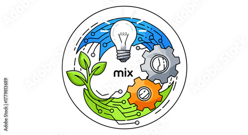 Circular emblem symbolizing innovation and solutions, featuring a glowing lightbulb, interconnected gears, and a growing plant intertwined with circuit board patterns, representing the fusion of