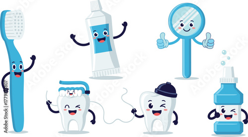 Cartoon dental hygiene items with faces on white background on transparent background