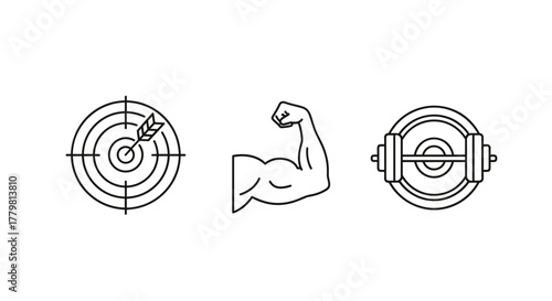 Set of outline icons representing fitness goals and achievements, including a target with an arrow, a flexed bicep muscle, and a barbell with weights, symbolizing dedication, strength, and successful