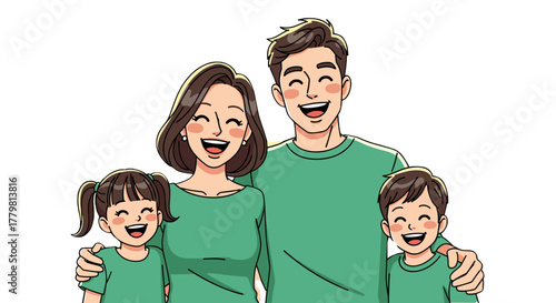 A joyful and loving family of four, including parents and two children, stands together with bright smiles, all wearing matching green outfits, radiating a sense of unity, happiness, and togetherness