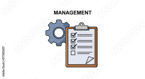 Vector illustration of a management icon set, featuring a gear and a clipboard with a checklist, symbolizing leadership, supervision, hiring, coaching, development, organization, teamwork, and
