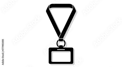 Black silhouette of a lanyard with an ID badge holder, symbolizing access, identification, and security for logos, web, and app designs, representing corporate identity and event credentials in a