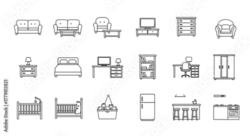 Collection of outline icons representing various furniture pieces for different rooms including living room sofas, armchair, coffee table, bedroom beds, nightstand, dresser, wardrobe, office desk