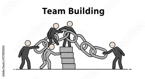 Business teamwork and team building concept, represented by a group of diverse stick figures collaboratively linking together a large chain, symbolizing unity, strength, and human resources working