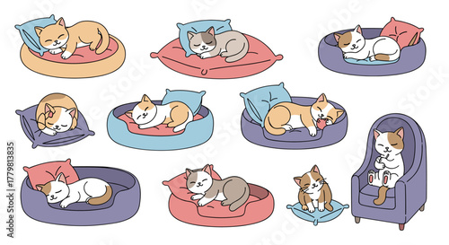 Collection of adorable cartoon cats in various cozy settings, including pet beds, pillows, and a plush armchair, depicted in relaxed, sleeping, playing, and grooming poses, showcasing a charming and