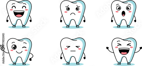 Cartoon teeth with various emotions on white background on transparent background
