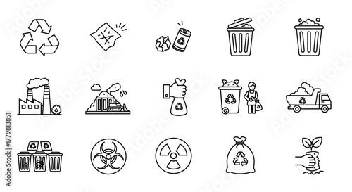 Collection of vector icons representing waste management and environmental protection, including recycling symbols, trash cans, litter, industrial pollution, landfill operations, composting, waste