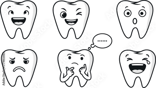 Cartoon teeth with various emotions on transparent background