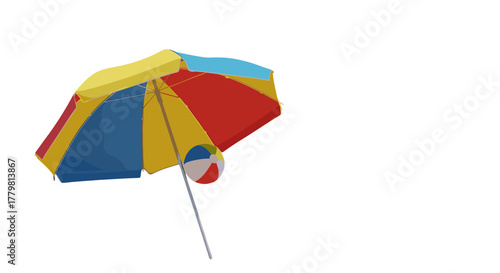 Vibrant beach umbrella and striped beach ball, symbolizing summer vacation, holidays, and tourism. Perfect for travel websites, hotel promotions, and leisure activities, evoking a sense of fun and