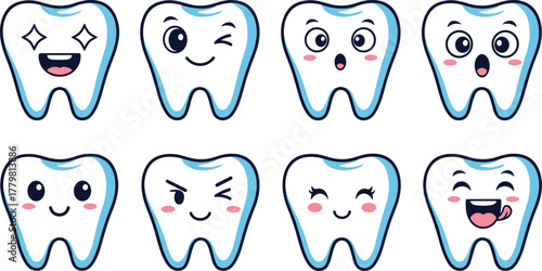 Cartoon teeth with various facial expressions on transparent background