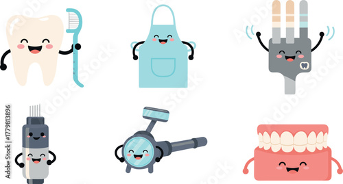 Cartoon dental hygiene and equipment illustrations on transparent background