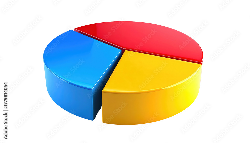 Obraz premium Three-section pie chart with red, blue, and yellow slices, rendered with a glossy, 3D appearance, isolated