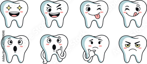 Cartoon teeth with various facial expressions on transparent background