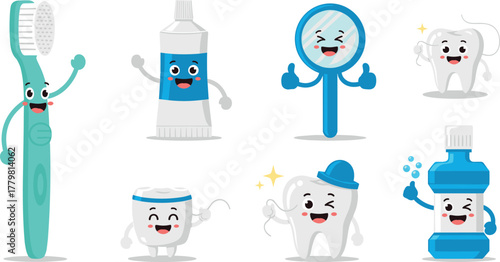 Cartoon dental hygiene items: toothbrush, toothpaste, mirror, floss, mouthwash, and teeth on transparent background