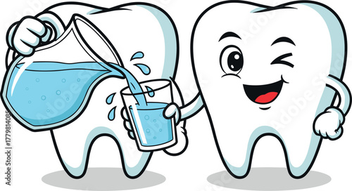 Cartoon tooth pouring water into a glass with another tooth winking on transparent background