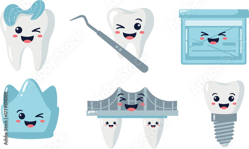 Cartoon dental illustrations: tooth with bow, dental tool, retainer, crown, bridge, and implant on transparent background