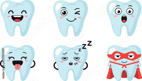 Cartoon teeth with various expressions on white background on transparent background