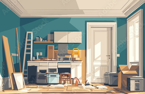 Cartoon apartment undergoing renovation with tools and materials, vector illustration