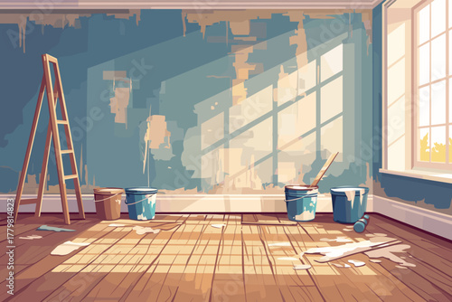 Cartoon apartment undergoing renovation and painting, vector illustration