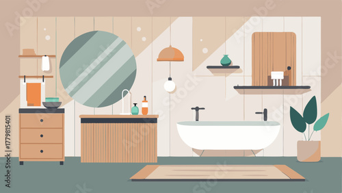 A bathroom with clean lines and a mix of materials such as marble and wood in a neutral color palette.