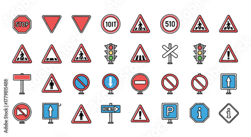 Collection of vivid, outline road signs and traffic signals, including stop signs, yield signs, warning triangles, traffic lights, prohibition signs, directional signs, and informational icons