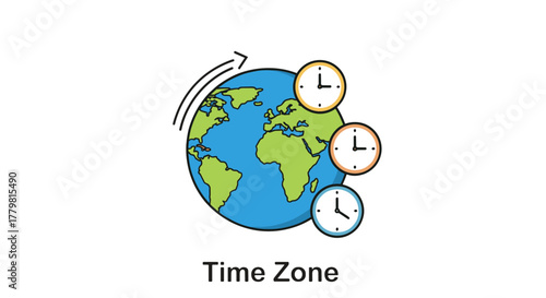 Global Time Zones Illustrated: A Stylized Earth with Multiple Clocks Representing Different Time Zones, Featuring an Arrow Indicating Rotation, Perfect for Concepts of Travel, Business, and