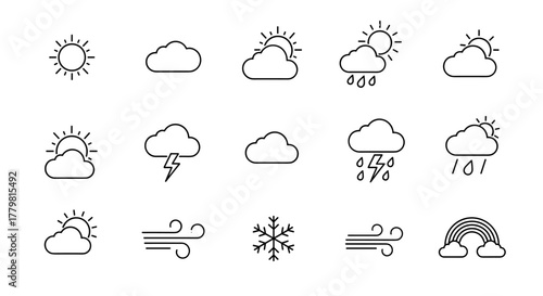 Set of Weather-Related Line Icons: Rain Outline Signs for Graphic and Web Design, Apps, Advertisements, and Various Cards. This Vector Cartoon Illustration Features a White Background, Perfect for