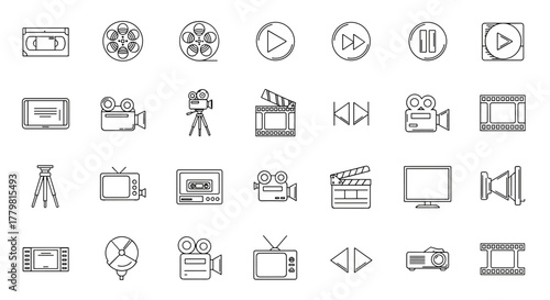 A comprehensive collection of vintage and modern video tape-related line icons, featuring an outline design perfect for graphic and web design, app development, advertisements, and various card