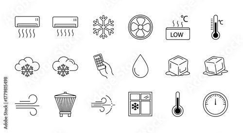 Set of cooling air conditioner related line icons, outline signs for graphic and web design, apps, adverts, various cards, vector cartoon illustration. Includes icons for air conditioning units