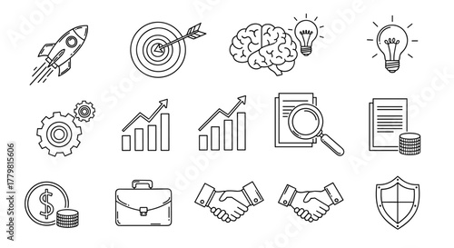 A collection of hand-drawn doodle line icons representing business concepts, including a rocket launching for startup, a target with an arrow for goals, a brain with a lightbulb for ideas, gears for