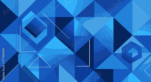 Abstract geometric background in shades of blue, featuring overlapping polygons, triangles, and squares with subtle gradient effects, creating a modern and dynamic visual for digital art, web design