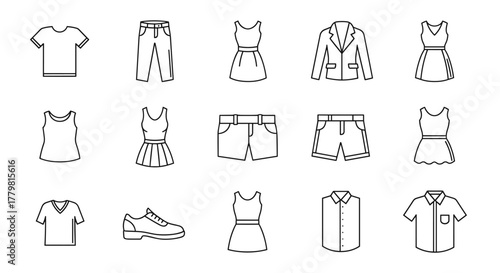 Set of thin line icons representing various clothing items and fashion symbols, including t-shirts, pants, jackets, dresses, shorts, shoes, and shirts, all with editable strokes and clean vector