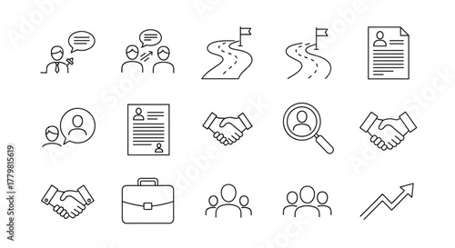Headhunting and Recruiting Minimal Thin Line Web Icon Set: A collection of essential icons for business, career development, and human resources, including job interviews, career paths, resumes